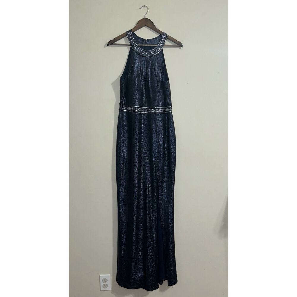 CACHET Metallic Shiny Blue Maxi Rhinestone Front Slit Women Dress Size 8